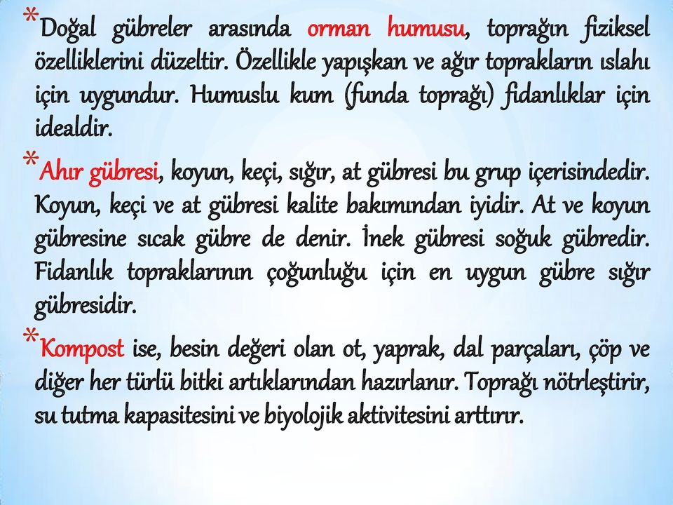 Koyun, keçi ve at gübresi kalite bakımından iyidir. At ve koyun gübresine sıcak gübre de denir. İnek gübresi soğuk gübredir.