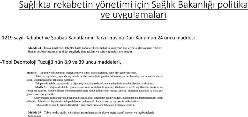 -Tıbbi Deontoloji Tüzüğü nün 8,9 ve 39 uncu maddeleri, Madde 8 Tabiplik ve diş tabipliği mesleklerine ve tedavi müesseselerine, ticari bir veçhe verilemez.