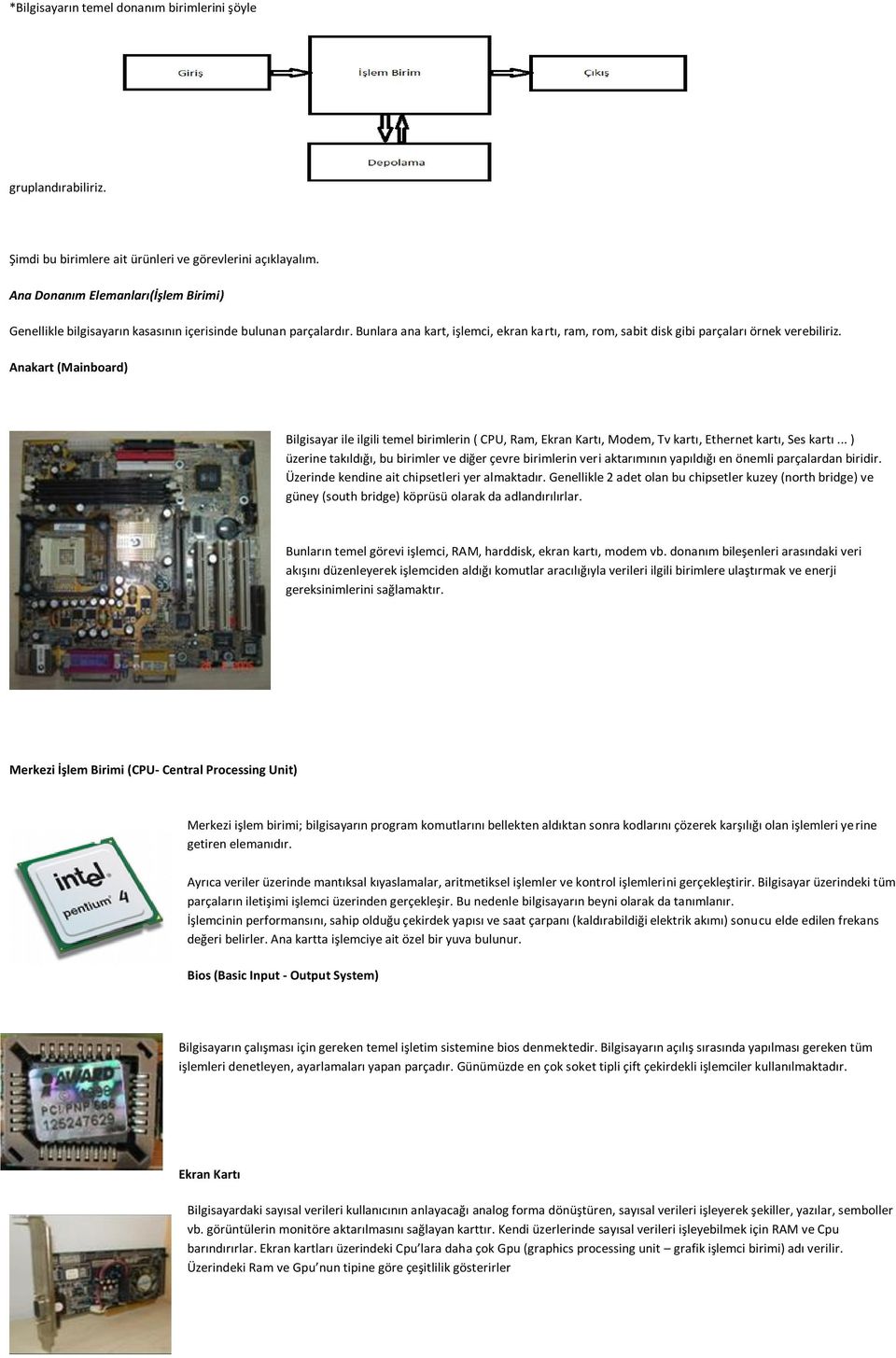 Anakart (Mainboard) Bilgisayar ile ilgili temel birimlerin ( CPU, Ram, Ekran Kartı, Modem, Tv kartı, Ethernet kartı, Ses kartı.