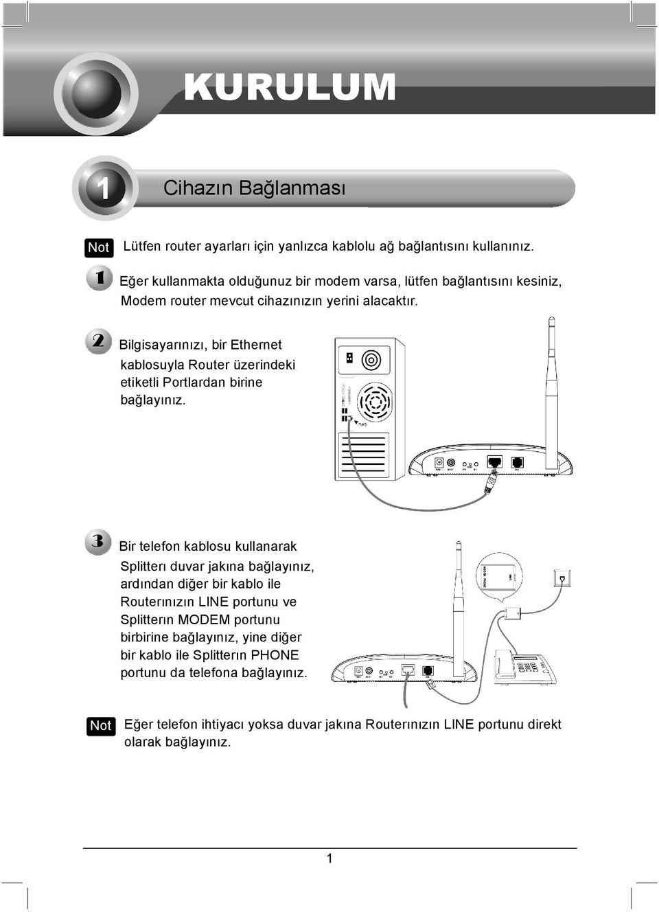 Bilgisayarınızı, bir Ethernet kablosuyla Router üzerindeki etiketli Portlardan birine bağlayınız.