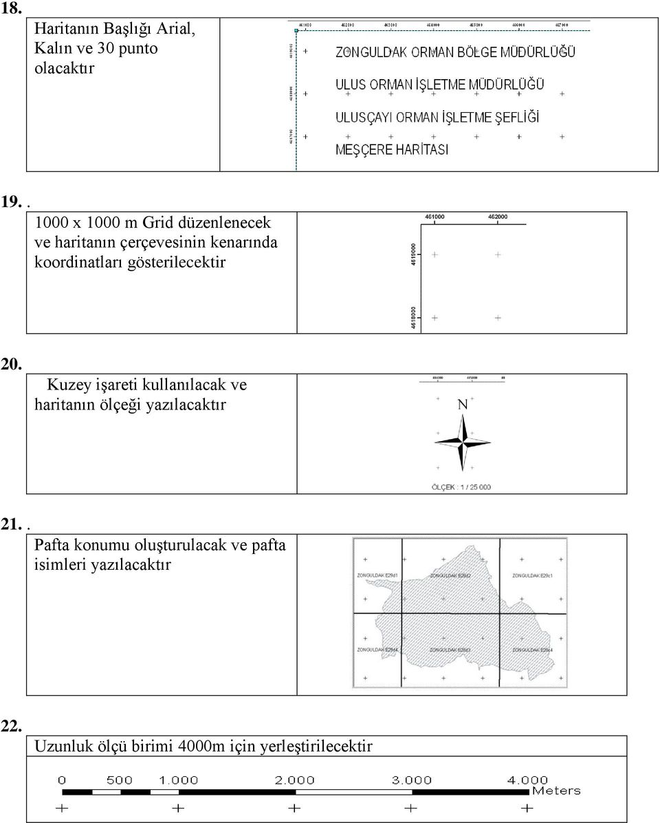 gösterilecektir 20. Kuzey iģareti kullanılacak ve haritanın ölçeği yazılacaktır 21.