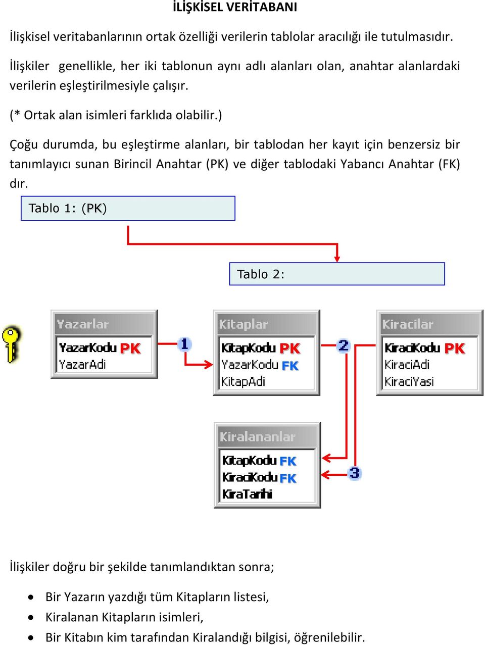 ) Çoğu durumda, bu eşleştirme alanları, bir tablodan her kayıt için benzersiz bir tanımlayıcı sunan Birincil Anahtar (PK) ve diğer tablodaki Yabancı Anahtar () dır.