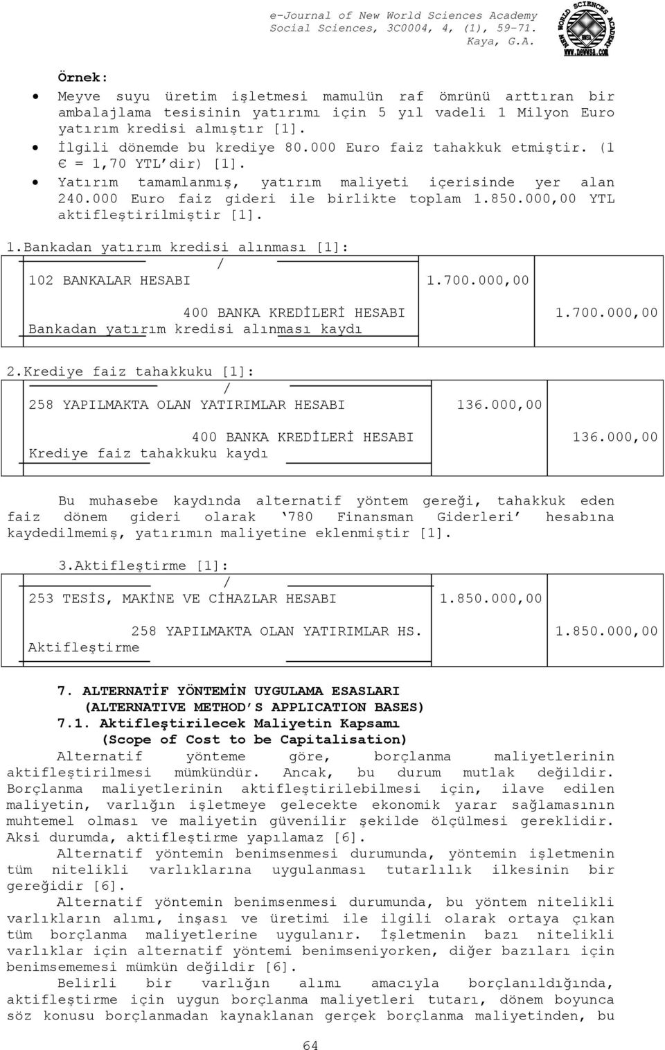 000,00 YTL aktifleştirilmiştir [1]. 1.Bankadan yatırım kredisi alınması [1]: 102 BANKALAR HESABI 1.700.000,00 400 BANKA KREDİLERİ HESABI Bankadan yatırım kredisi alınması kaydı 1.700.000,00 2.