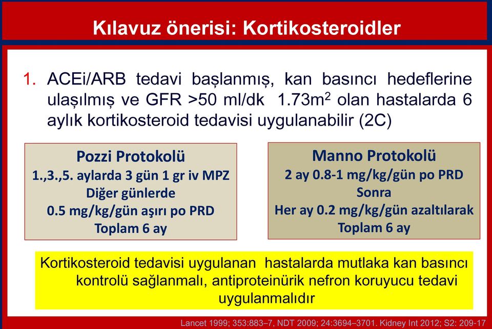 73m 2 olan hastalarda 6 aylık kortikosteroid tedavisi uygulanabilir (2C) Pozzi Protokolü 1.,3.,5. aylarda 3 gün 1 gr iv MPZ Diğer günlerde 0.