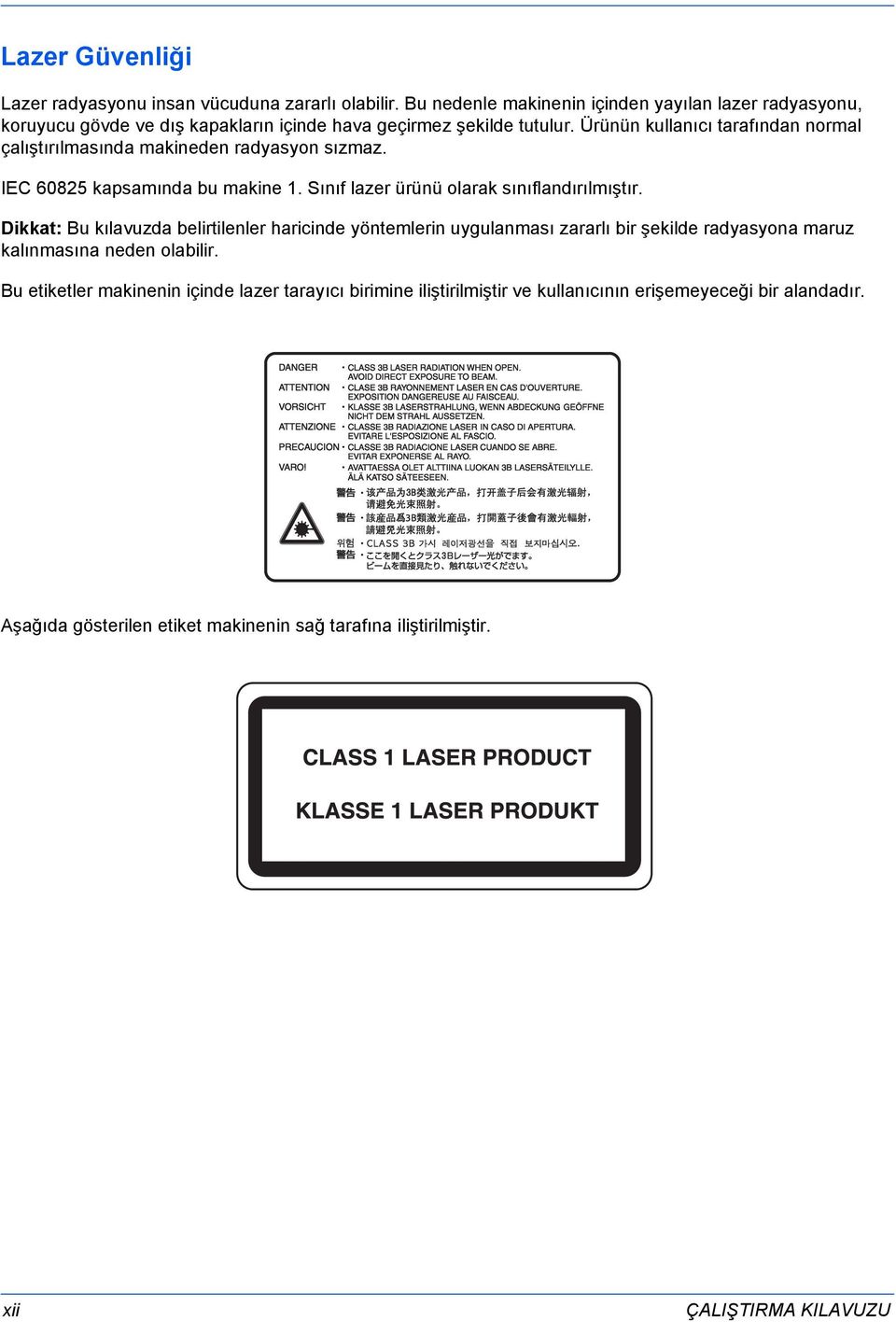 Ürünün kullanıcı tarafından normal çalıştırılmasında makineden radyasyon sızmaz. IEC 60825 kapsamında bu makine 1. Sınıf lazer ürünü olarak sınıflandırılmıştır.