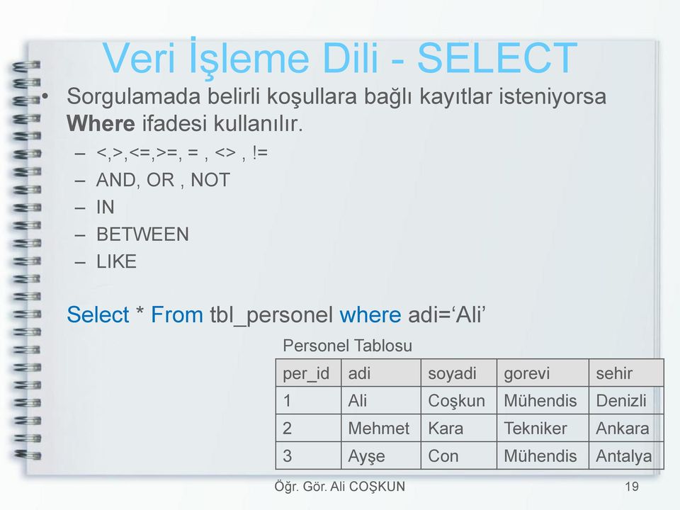 = AND, OR, NOT IN BETWEEN LIKE Select * From tbl_personel where adi= Ali Personel