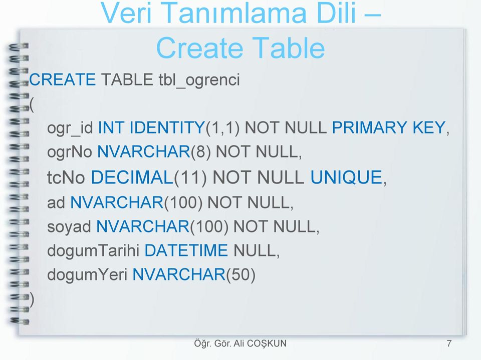 tcno DECIMAL(11) NOT NULL UNIQUE, ad NVARCHAR(100) NOT NULL, soyad