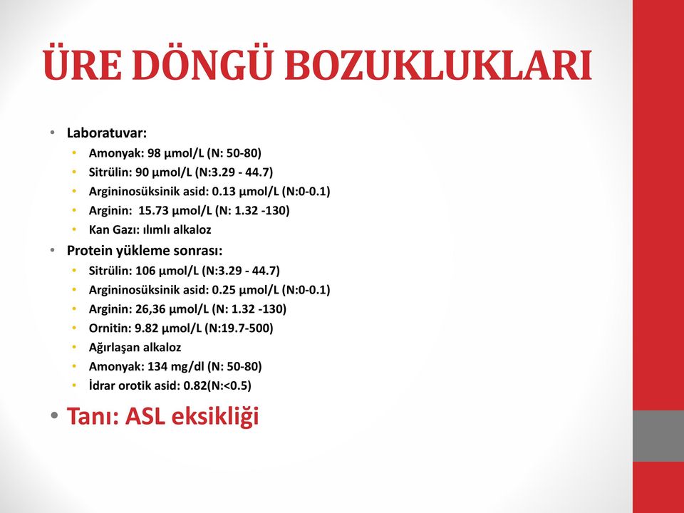 32-130) Kan Gazı: ılımlı alkaloz Protein yükleme sonrası: Sitrülin: 106 µmol/l (N:3.29-44.7) Argininosüksinik asid: 0.