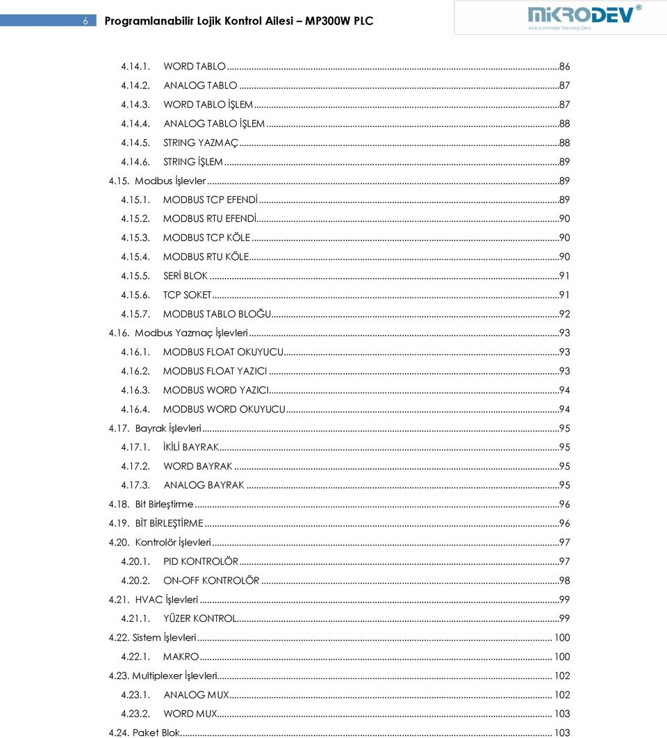 MODBUS TABLO BLOĞU...92 4.16. Modbus Yazmaç İşlevleri...93 4.16.1. MODBUS FLOAT OKUYUCU...93 4.16.2. MODBUS FLOAT YAZICI...93 4.16.3. MODBUS WORD YAZICI...94 4.16.4. MODBUS WORD OKUYUCU...94 4.17.