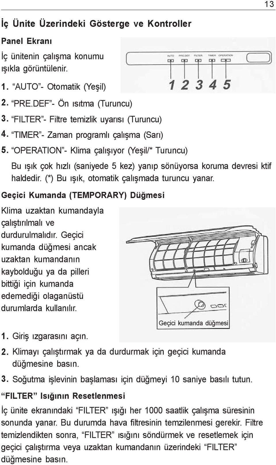 OPERATION - Klima çalýþýyor (Yeþil/* Turuncu) Bu ýþýk çok hýzlý (saniyede 5 kez) yanýp sönüyorsa koruma devresi ktif haldedir. (*) Bu ýþýk, otomatik çalýþmada turuncu yanar.