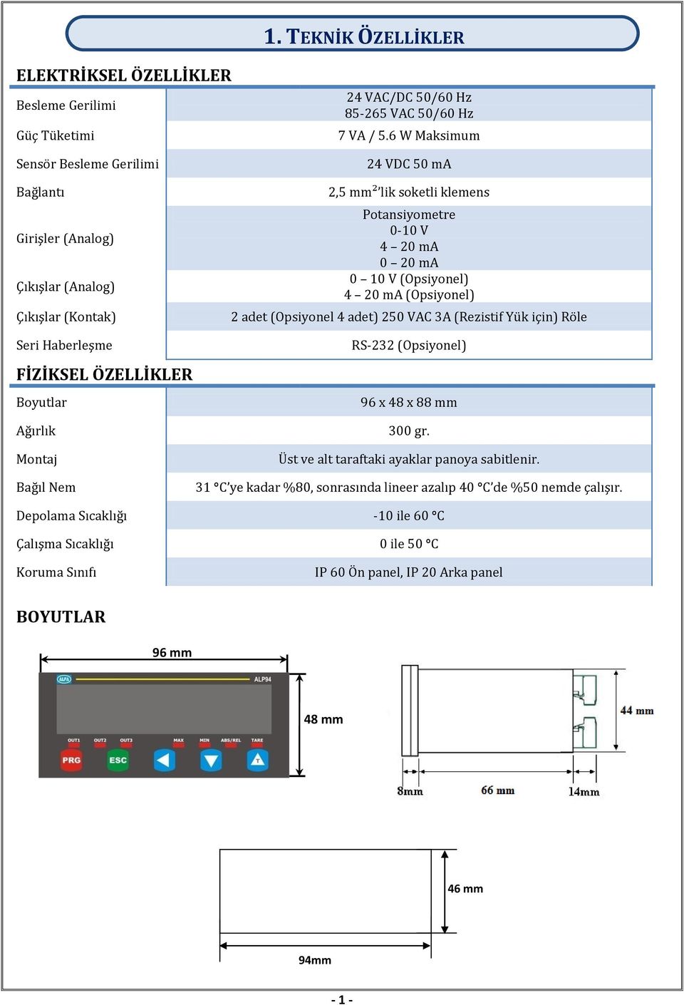 Potansiyometre 0-10 V 4 20 ma 0 20 ma 0 10 V (Opsiyonel) 4 20 ma (Opsiyonel) 2 adet (Opsiyonel 4 adet) 250 VAC 3A (Rezistif Yük için) Röle RS-232 (Opsiyonel) 96 x 48 x 88 mm 300 gr.