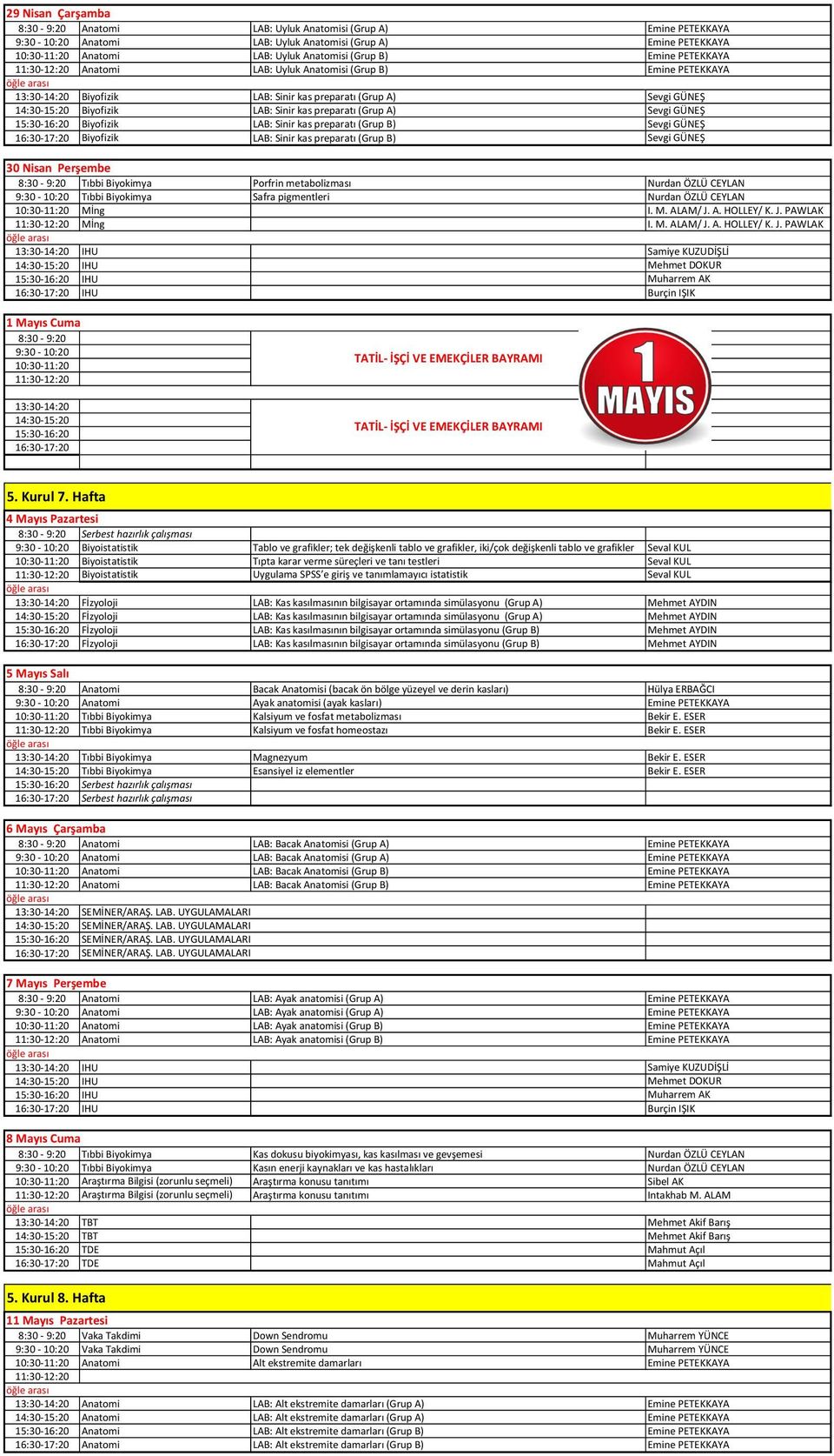 GÜNEŞ Biyofizik LAB: Sinir kas preparatı (Grup B) Sevgi GÜNEŞ 30 Nisan Perşembe Tıbbi Biyokimya Porfrin metabolizması Nurdan ÖZLÜ CEYLAN Tıbbi Biyokimya Safra pigmentleri Nurdan ÖZLÜ CEYLAN 1 Mayıs