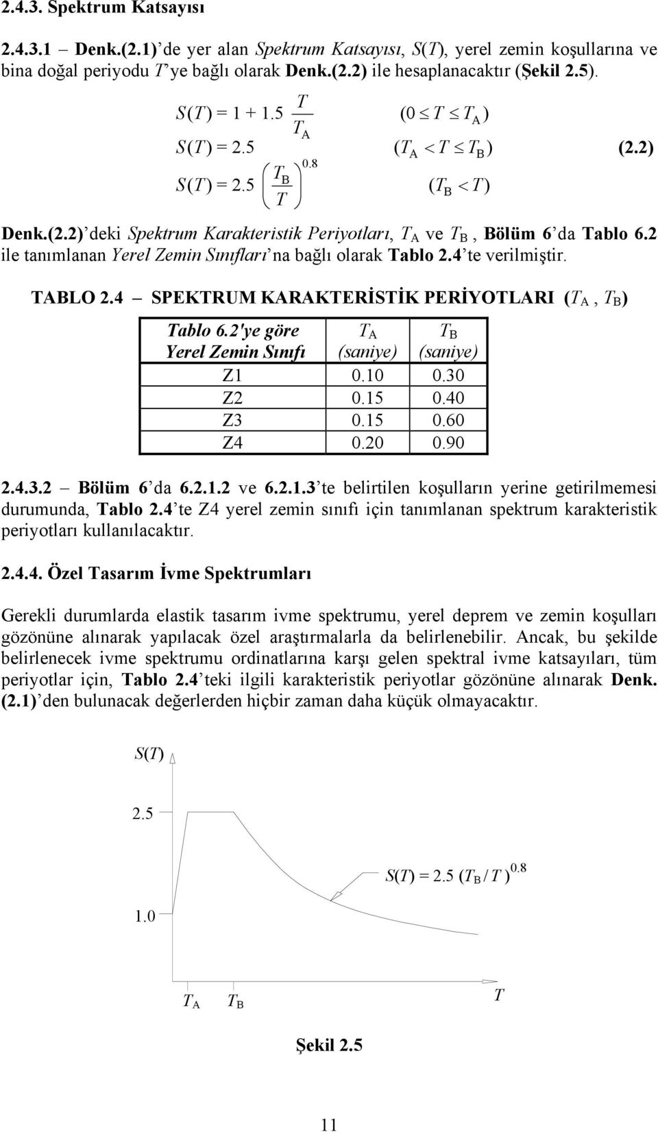 2 ile tanımlanan Yerel Zemin Sınıfları na bağlı olarak Tablo 2.4 te verilmiştir. TABLO 2.4 SPEKTRUM KARAKTERİSTİK PERİYOTLARI (T A, T B ) Tablo 6.