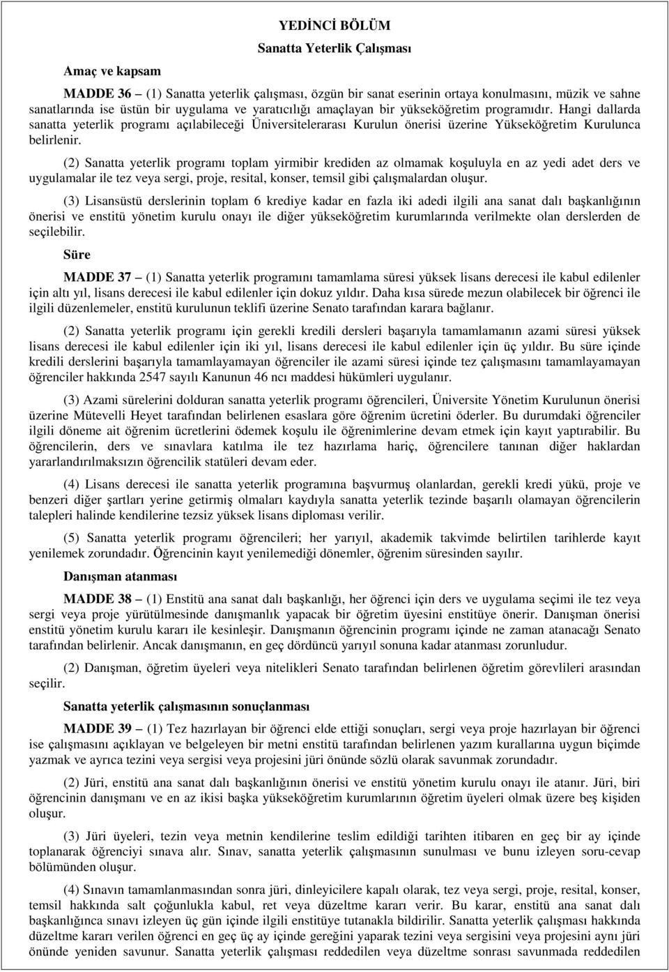 (2) Sanatta yeterlik programı toplam yirmibir krediden az olmamak koşuluyla en az yedi adet ders ve uygulamalar ile tez veya sergi, proje, resital, konser, temsil gibi çalışmalardan oluşur.