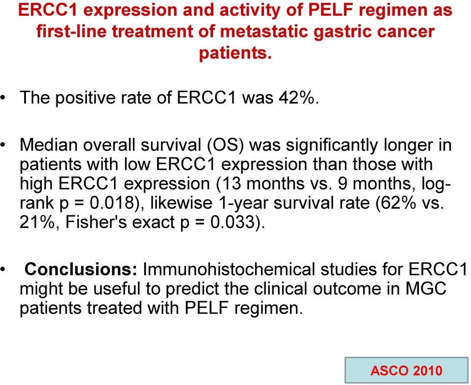 Median overall survival (OS) was significantly longer in patients with low ERCC1 expression than those with high ERCC1 expression (13