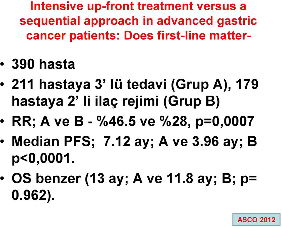 hastaya 2 li ilaç rejimi (Grup B) RR; A ve B - %46.5 ve %28, p=0,0007 Median PFS; 7.