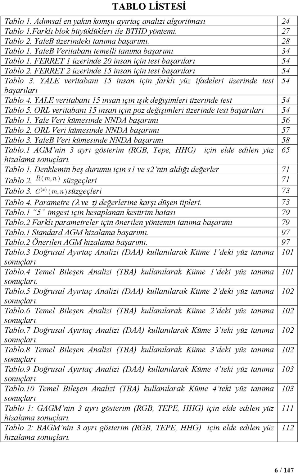 YALE veritabanı 15 insan için farklı yüz ifadeleri üzerinde test 54 başarıları Tablo 4. YALE veritabanı 15 insan için ışık değişimleri üzerinde test 54 Tablo 5.