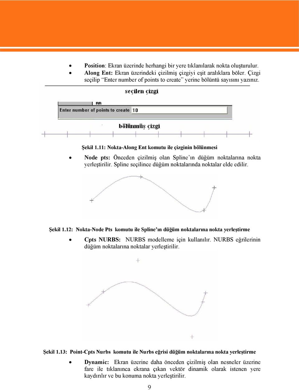 11: Nokta-Along Ent komutu ile çizginin bölünmesi Node pts: Önceden çizilmiş olan Spline ın düğüm noktalarına nokta yerleştirilir. Spline seçilince düğüm noktalarında noktalar elde edilir. Şekil 1.