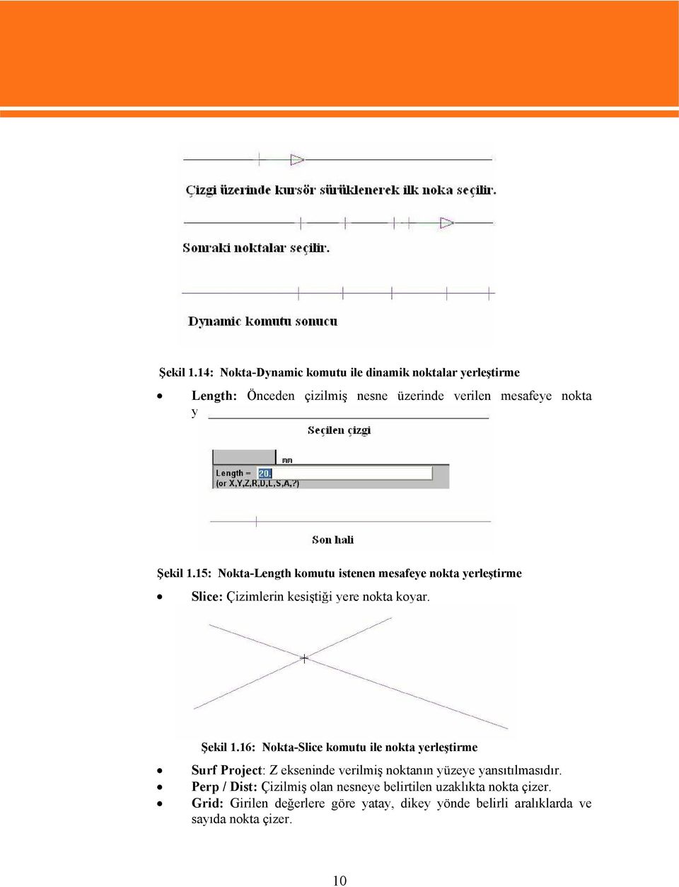 15: Nokta-Length komutu istenen mesafeye nokta yerleştirme Slice: Çizimlerin kesiştiği yere nokta koyar.