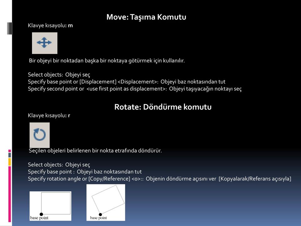 point as displacement>: Objeyi taşıyacağın noktayı seç Klavye kısayolu: r Rotate: Döndürme komutu Seçilen objeleri belirlenen bir nokta etrafında