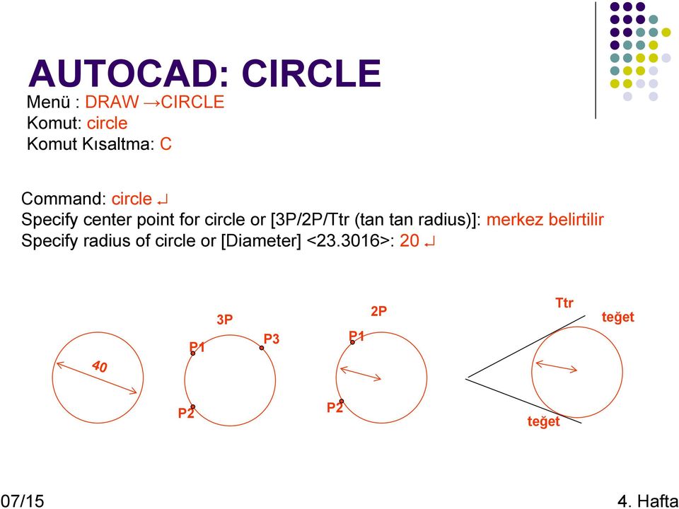 tan radius)]: merkez belirtilir Specify radius of circle or