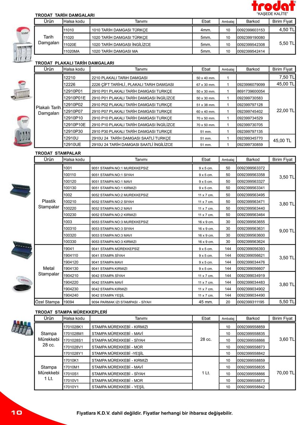 10 0092399542414 TRODAT PLAKALI TARİH DAMGALARI Plakalı Tarih Damgaları 12210 2210 PLAKALI TARiH DAMGASI 50 x 40 mm. 1 7,50 TL 12226 2226 ÇİFT TARİHLİ, PLAKALI TARiH DAMGASI 67 x 30 mm.