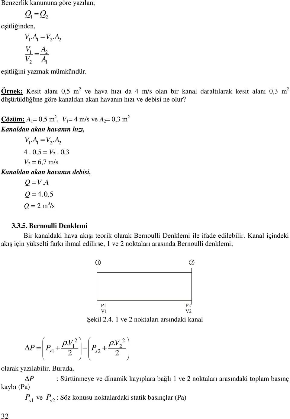 Çözü: A 1 = 0,5, V 1 = 4 /s ve A = 0, Kanaldan akan avanın ızı, V. A = V. A 1 1 4. 0,5 = V. 0, V = 6,7 /s Kanaldan akan avanın debisi, Q = V. A Q = 4.0,5 Q = /s..5. Bernoulli Denklei Bir kanaldaki ava akışı teorik olarak Bernoulli Denklei ile ifade edilebilir.