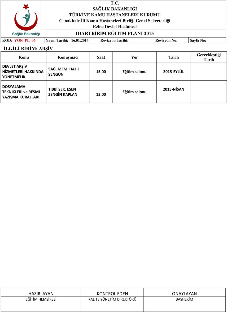 HİZMETLERİ HAKKINDA YÖNETMELİK 2015-EYLÜL DOSYALAMA ve RESMİ YAZIŞMA