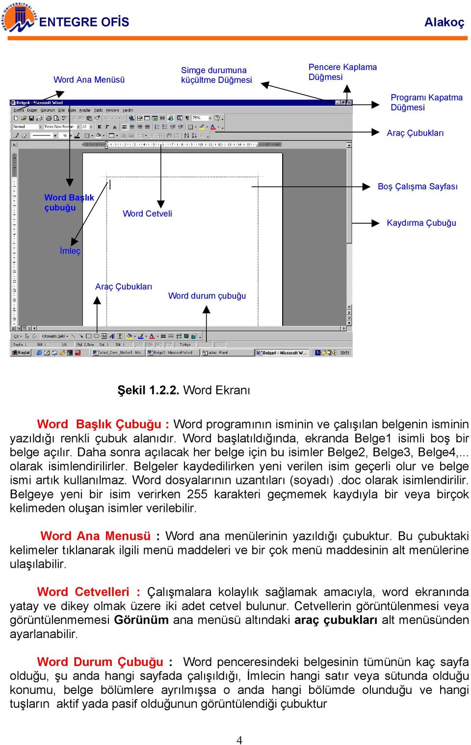 Word başlatıldığında, ekranda Belge1 isimli boş bir belge açılır. Daha sonra açılacak her belge için bu isimler Belge2, Belge3, Belge4,... olarak isimlendirilirler.