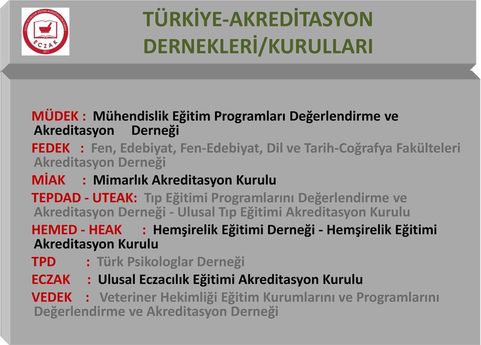 Akreditasyon Derneği - Ulusal Tıp Eğitimi Akreditasyon Kurulu HEMED - HEAK : Hemşirelik Eğitimi Derneği - Hemşirelik Eğitimi Akreditasyon Kurulu TPD : Türk