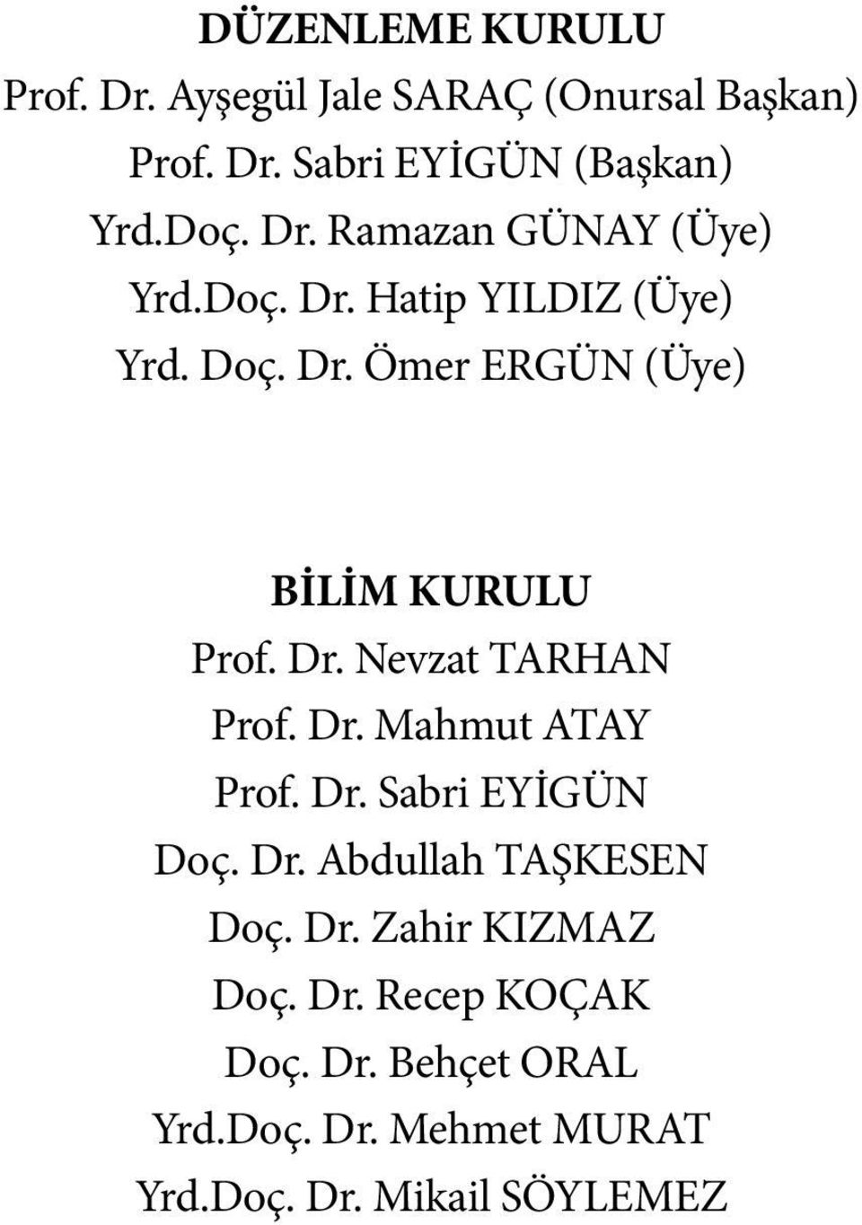 Dr. Nevzat TARHAN Prof. Dr. Mahmut ATAY Prof. Dr. Sabri EYİGÜN Doç. Dr. Abdullah TAŞKESEN Doç. Dr. Zahir KIZMAZ Doç.