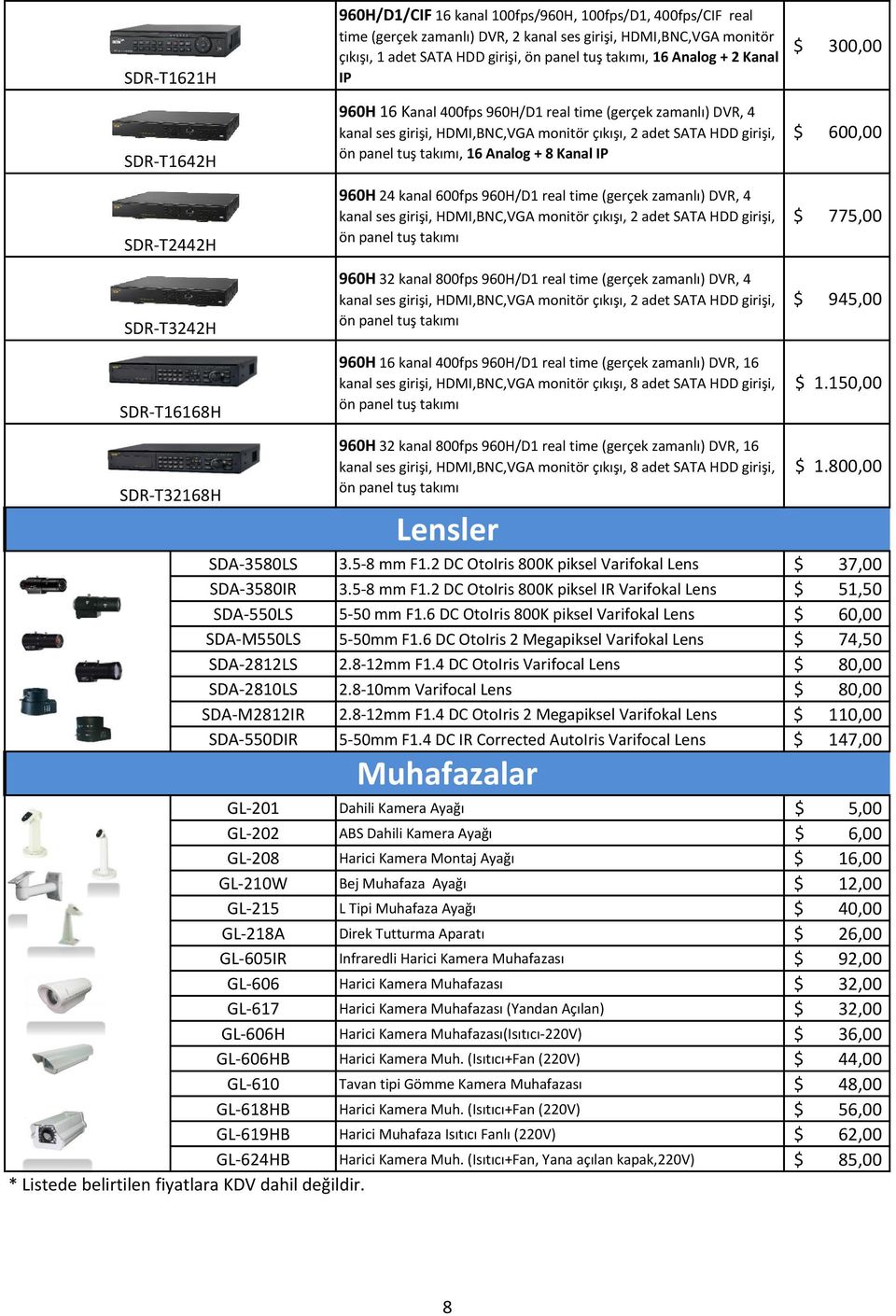 Analog + 8 Kanal IP 600,00 SDR-T2442H 960H 24 kanal 600fps 960H/D1 real time (gerçek zamanlı) DVR, 4 kanal ses girişi, HDMI,BNC,VGA monitör çıkışı, 2 adet SATA HDD girişi, ön panel tuş takımı 775,00