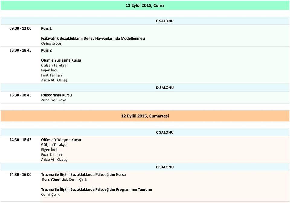 Cumartesi 14:30-18:45 u 14:30-16:00 Travma ile İlişkili Bozukluklarda Psikoeğitim u Yöneticisi: