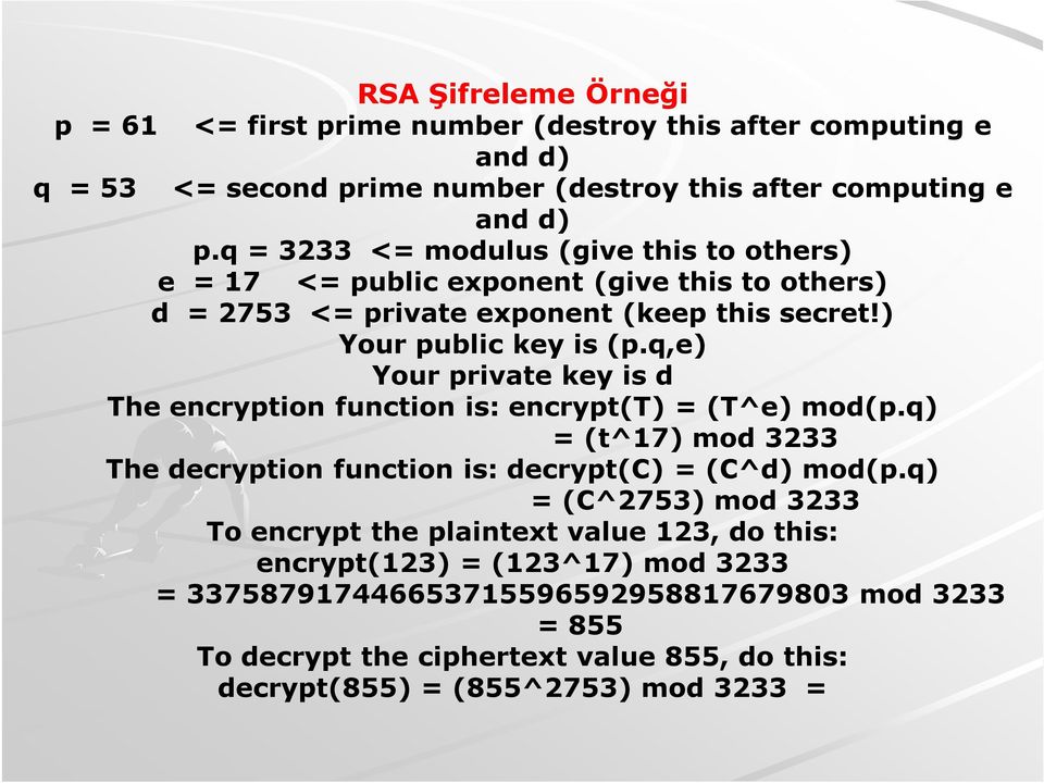 q,e) Your private key is d The encryption function is: encrypt(t) = (T^e) mod(p.q) = (t^17) mod 3233 The decryption function is: decrypt(c) = (C^d) mod(p.