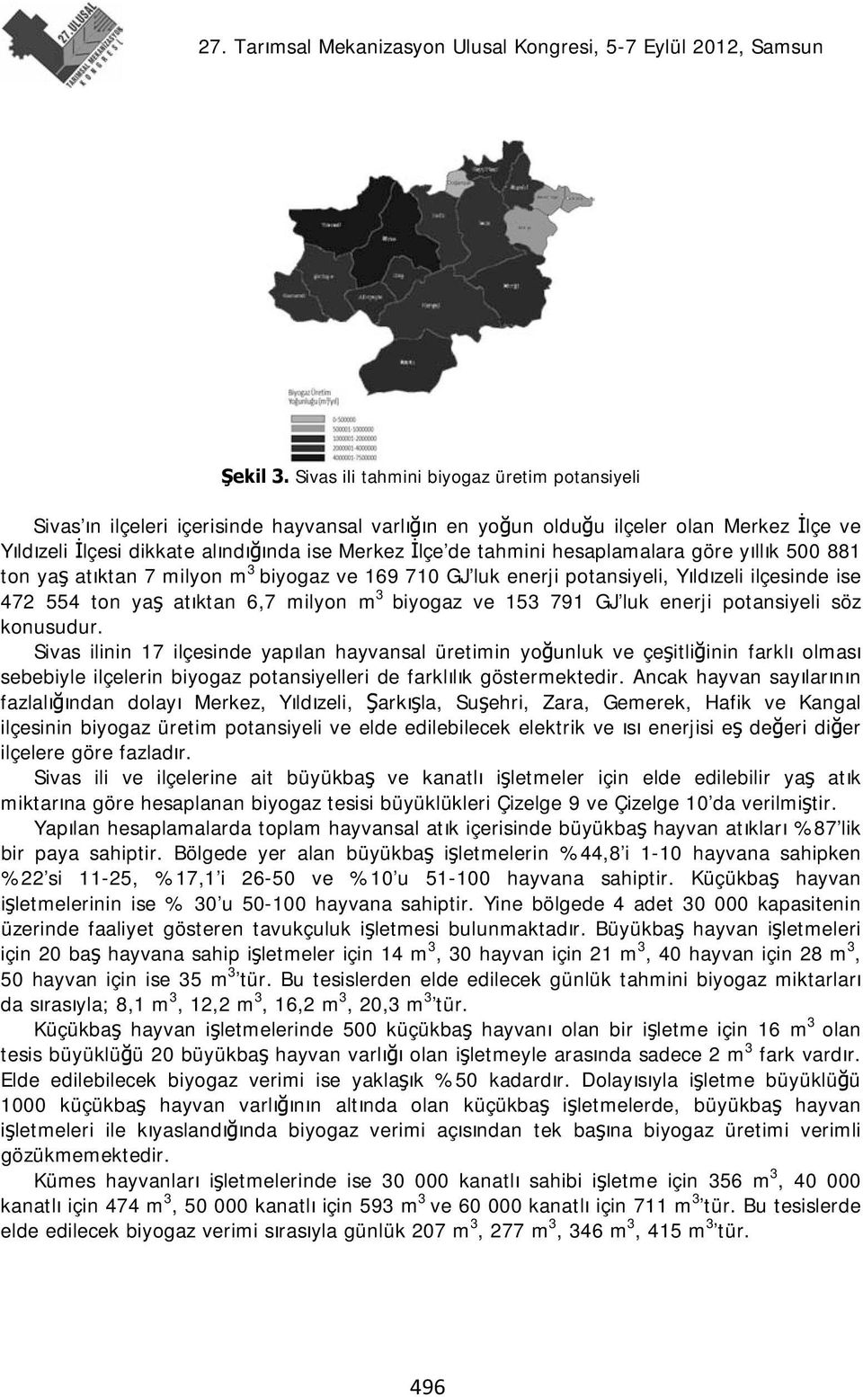 tahmini hesaplamalara göre yıllık 500 881 ton yaş atıktan 7 milyon m 3 biyogaz ve 169 710 GJ luk enerji potansiyeli, Yıldızeli ilçesinde ise 472 554 ton yaş atıktan 6,7 milyon m 3 biyogaz ve 153 791