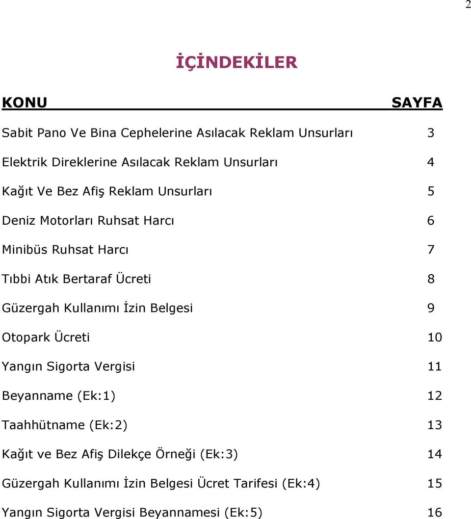 8 Güzergah Kullanımı İzin Belgesi 9 Otopark Ücreti 10 Yangın Sigorta Vergisi 11 Beyanname (Ek:1) 12 Taahhütname (Ek:2) 13 Kağıt