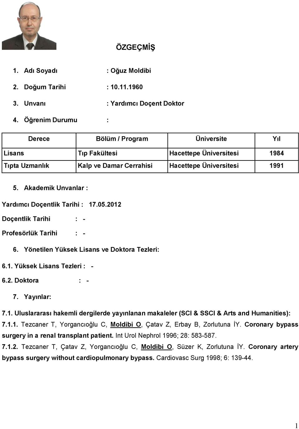 Akademik Unvanlar : Yardımcı Doçentlik Tarihi : 17.05.2012 Doçentlik Tarihi : - Profesörlük Tarihi : - 6. Yönetilen Yüksek Lisans ve Doktora Tezleri: 6.1. Yüksek Lisans Tezleri : - 6.2. Doktora : - 7.