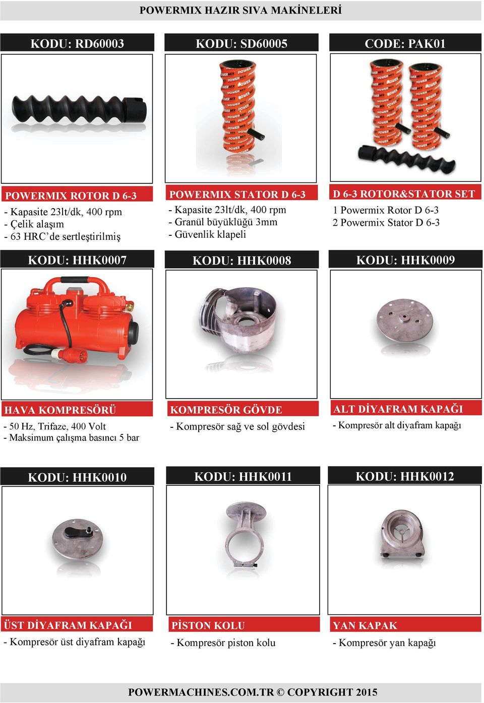 HAVA KOMPRESÖRÜ - 50 Hz, Trifaze, 400 Volt - Maksimum çalışma basıncı 5 bar KOMPRESÖR GÖVDE ALT DİYAFRAM KAPAĞI - Kompresör sağ ve sol gövdesi - Kompresör alt diyafram