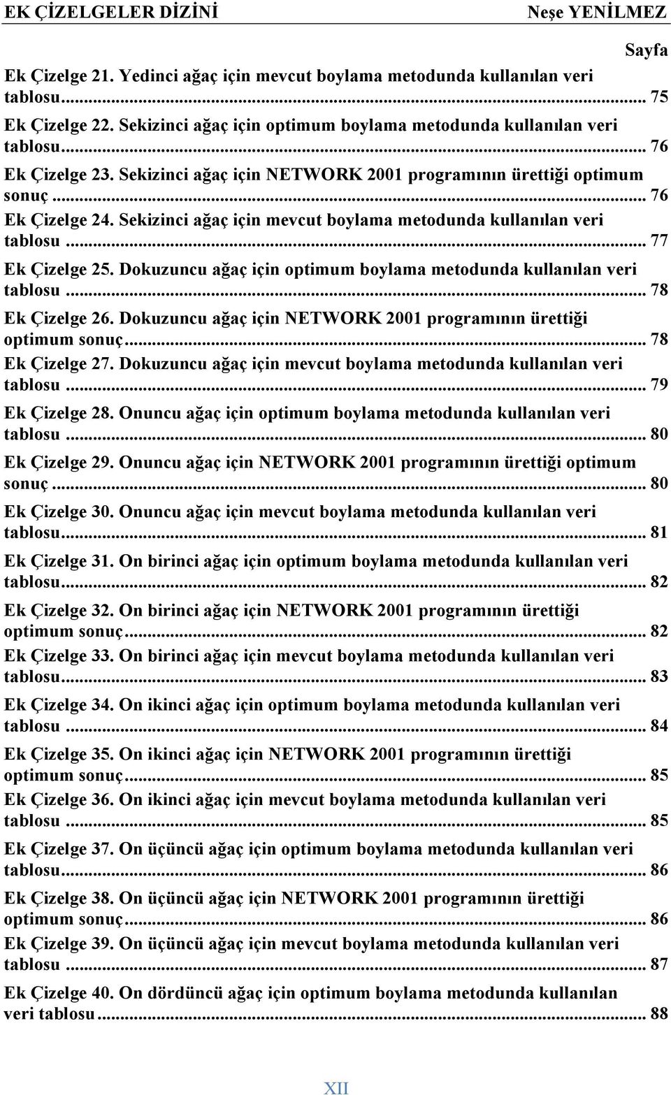Dokuzuncu ağaç için optimum boylama metodunda kullanılan veri tablosu... 78 Ek Çizelge 26. Dokuzuncu ağaç için NETWORK 2001 programının ürettiği optimum sonuç... 78 Ek Çizelge 27.