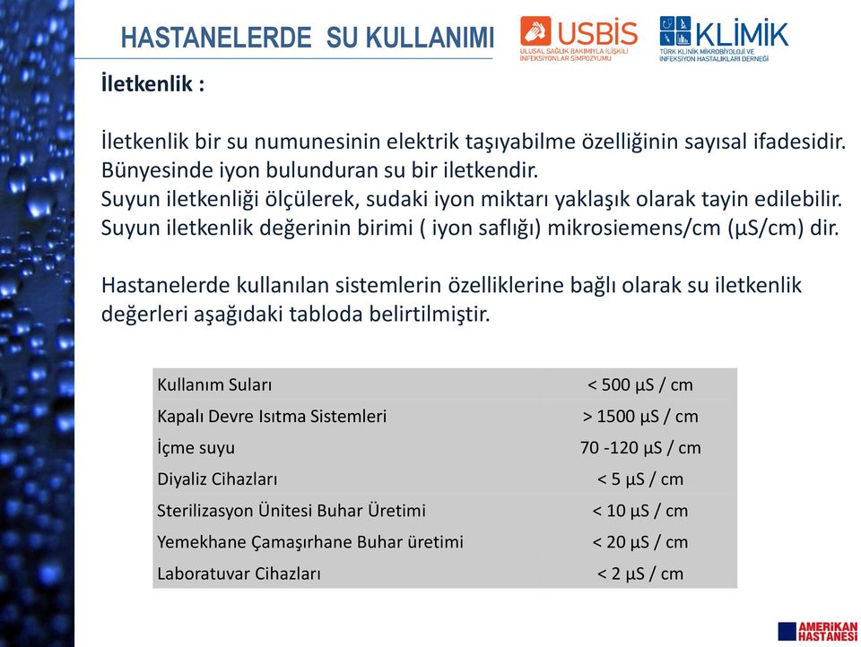 Hastanelerde kullanılan sistemlerin özelliklerine bağlı olarak su iletkenlik değerleri aşağıdaki tabloda belirtilmiştir.