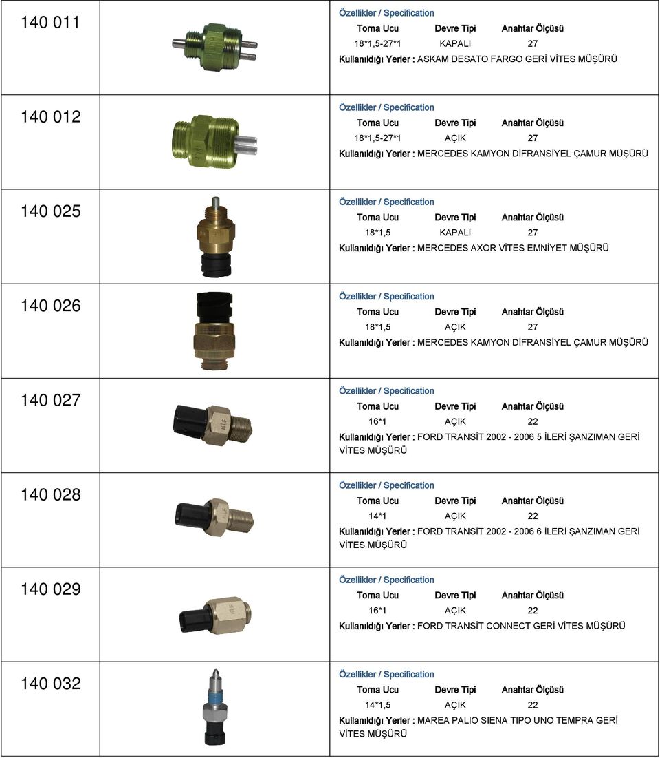 Yerler : FORD TRANSİT 2002-2006 5 İLERİ ŞANZIMAN GERİ VİTES 140 028 14*1 AÇIK 22 Kullanıldığı Yerler : FORD TRANSİT 2002-2006 6 İLERİ ŞANZIMAN GERİ