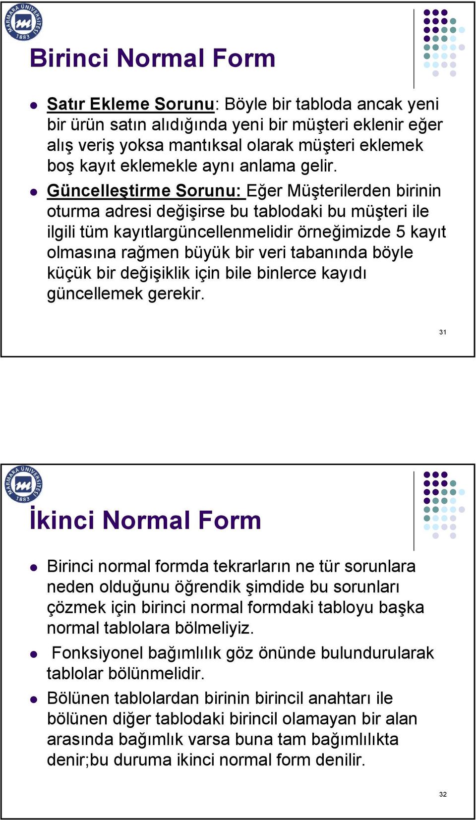 Güncelleştirme Sorunu: Eğer Müşterilerden birinin oturma adresi değişirse bu tablodaki bu müşteri ile ilgili tüm kayıtlargüncellenmelidir örneğimizde 5 kayıt olmasına rağmen büyük bir veri tabanında