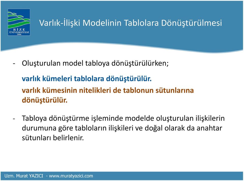 varlık kümesinin nitelikleri de tablonun sütunlarına dönüştürülür.