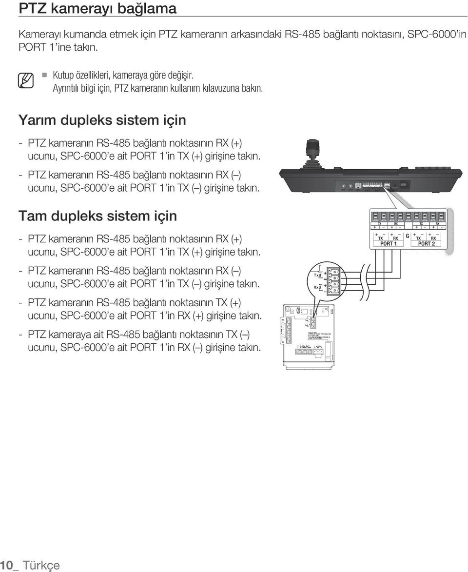 PTZ kameranın RS485 bağlantı noktasının RX ( ) ucunu, SPC6000 e ait PORT 1 in TX ( ) girişine takın.