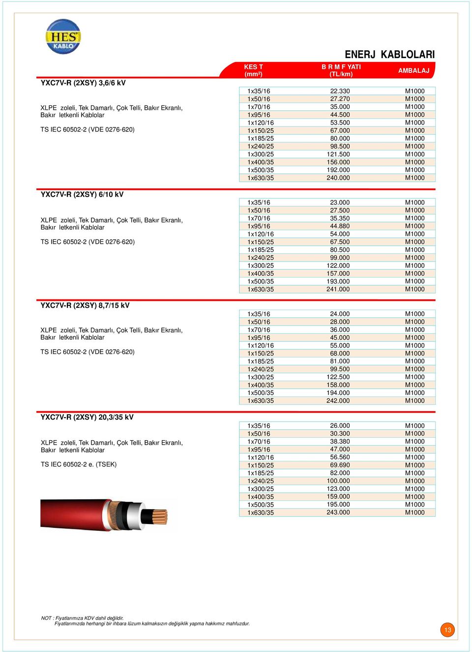 000 ENERJİ KABLOLARI YXC7V-R (2XSY) 6/10 kv XLPE İzoleli, Tek Damarlı, Çok Telli, Bakır Ekranlı, Bakır İletkenli Kablolar TS IEC 60502-2 (VDE 0276-620) 1x35/16 1x50/16 1x70/16 1x95/16 1x120/16