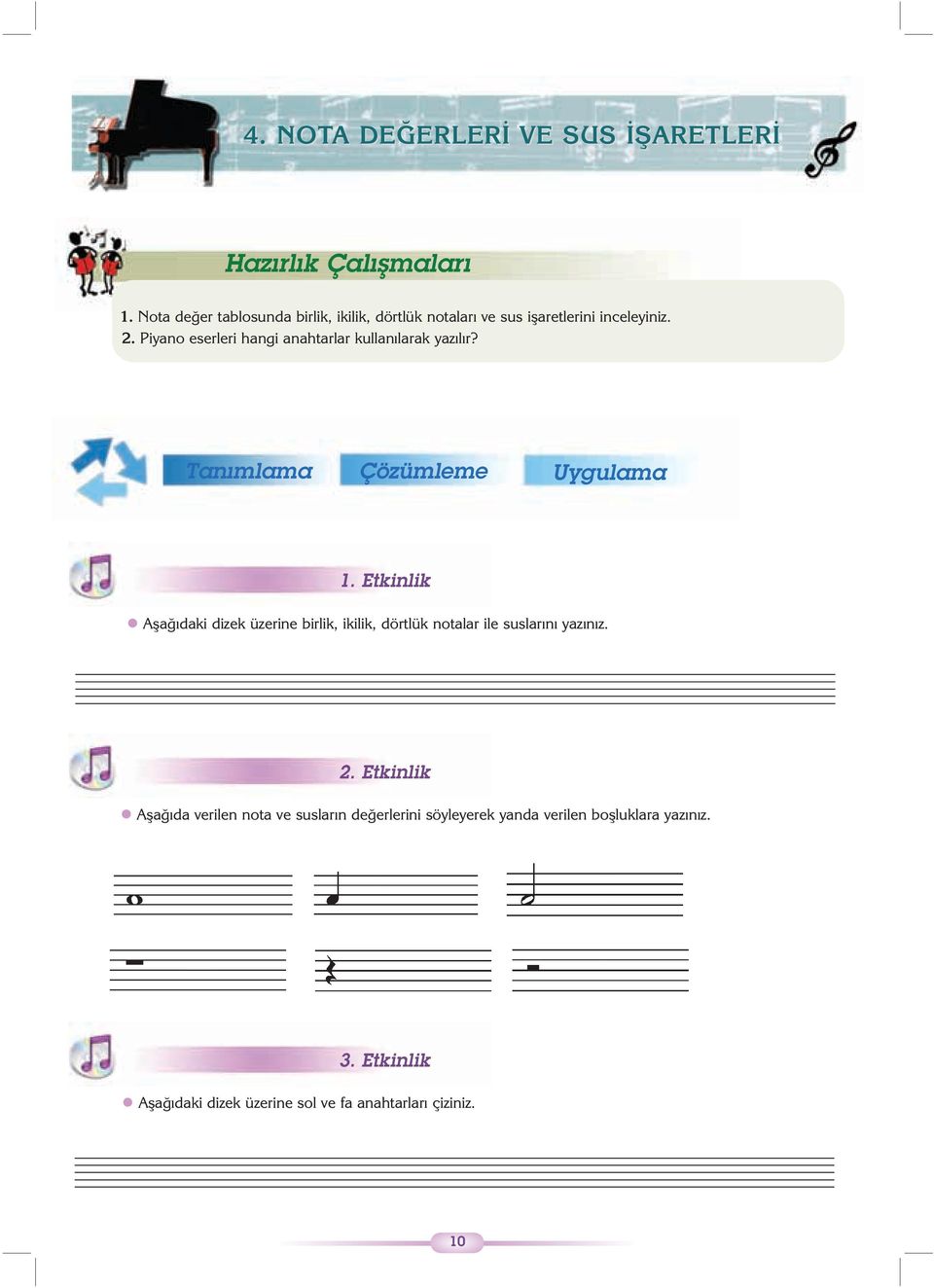 Piyano eserleri hangi anahtarlar kullanýlarak yazýlýr? Tanýmlama Çözümleme Uygulama 1.