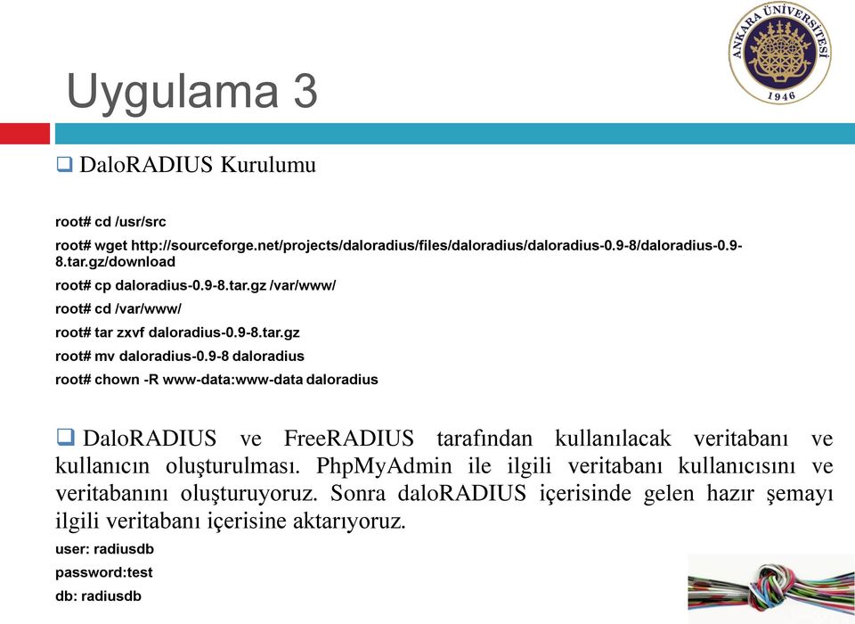 9-8 daloradius root# chown -R www-data:www-data daloradius DaloRADIUS ve FreeRADIUS tarafından kullanılacak veritabanı ve kullanıcın oluşturulması.