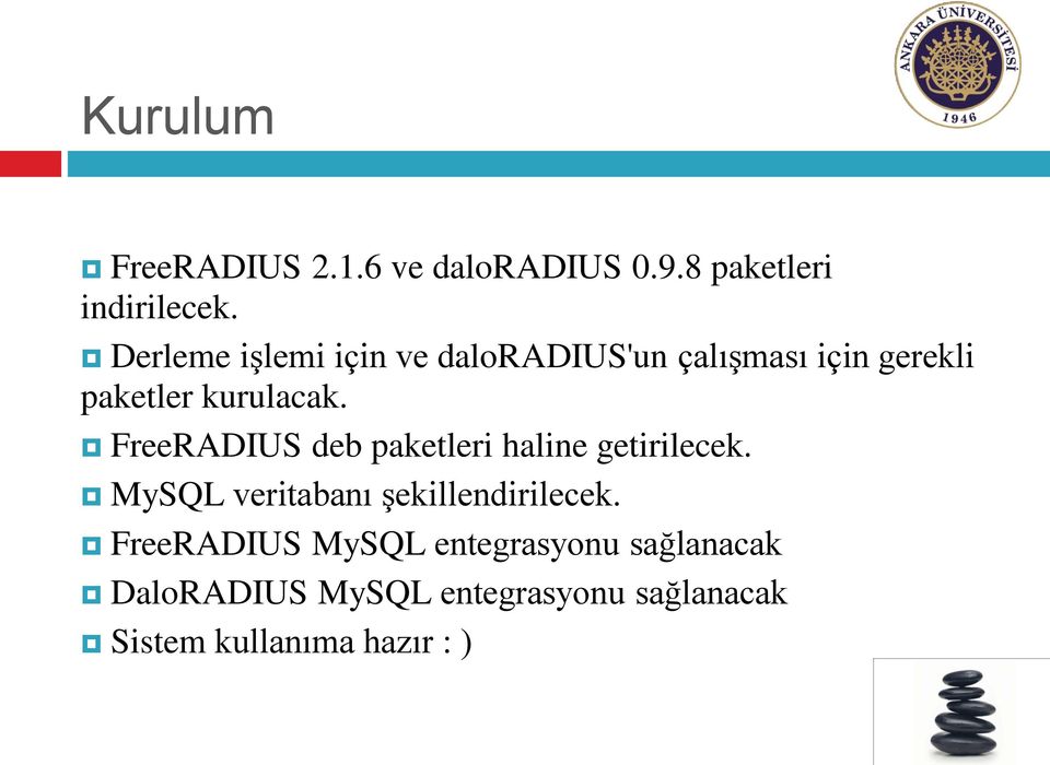 FreeRADIUS deb paketleri haline getirilecek. MySQL veritabanı şekillendirilecek.