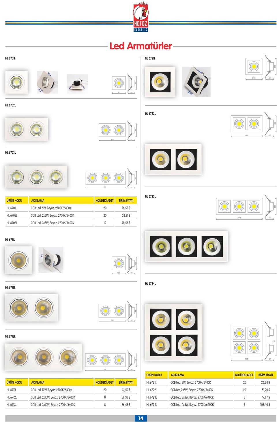 HL 6711L COB Led, 10W, Beyaz, 2700K/6400K 20 31,50 $ HL 6712L COB Led, 2x10W, Beyaz, 2700K/6400K 8 59,33 $ HL 6713L COB Led, 3x10W, Beyaz, 2700K/6400K 8 86,45 $ HL 6721L COB Led, 8W,