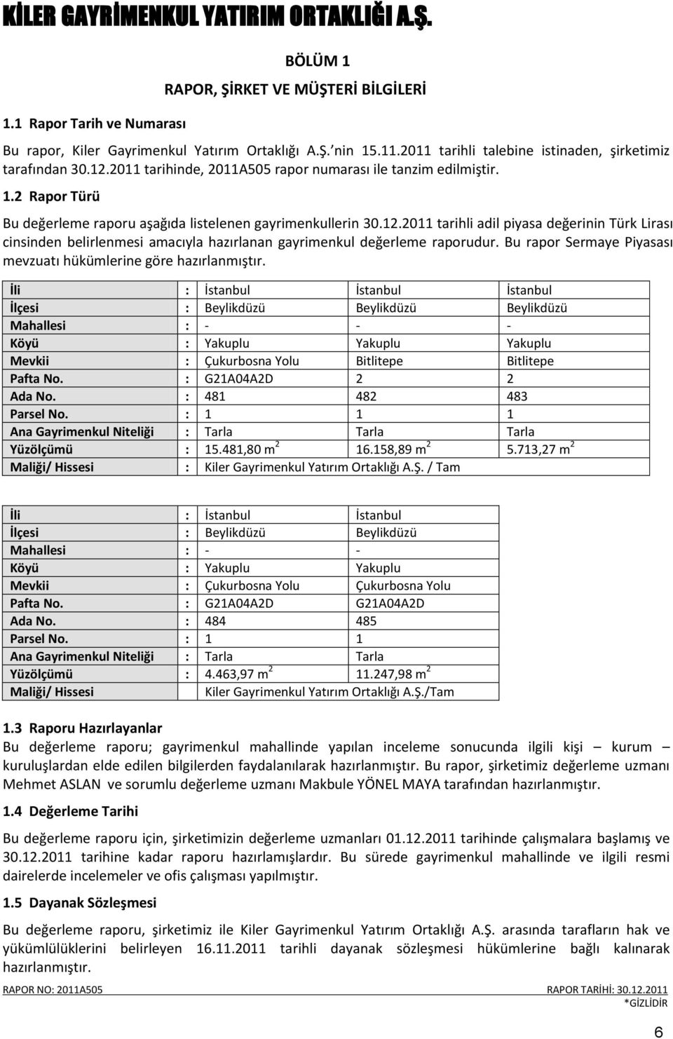 2011 tarihli adil piyasa değerinin Türk Lirası cinsinden belirlenmesi amacıyla hazırlanan gayrimenkul değerleme raporudur. Bu rapor Sermaye Piyasası mevzuatı hükümlerine göre hazırlanmıştır.